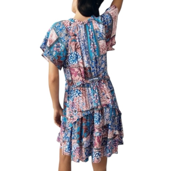 Anthropologie Robin Tiered Mini Dress Boho Floral Boho Floral - Pink Blue -Small - Picture 5 of 12